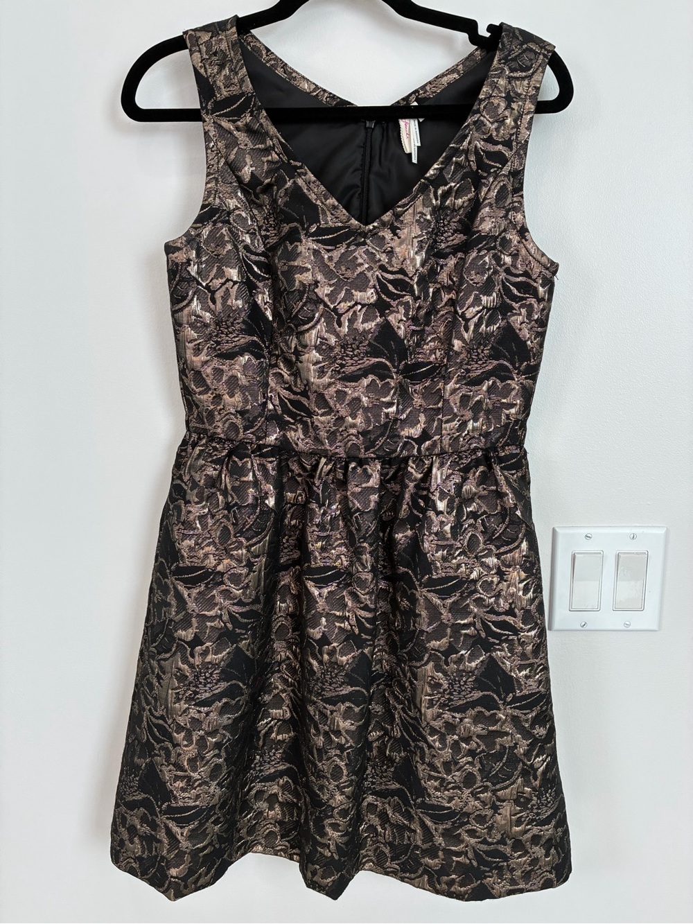 Frenchi Black and Gold Floral Jacquard Fit & Flare Dress